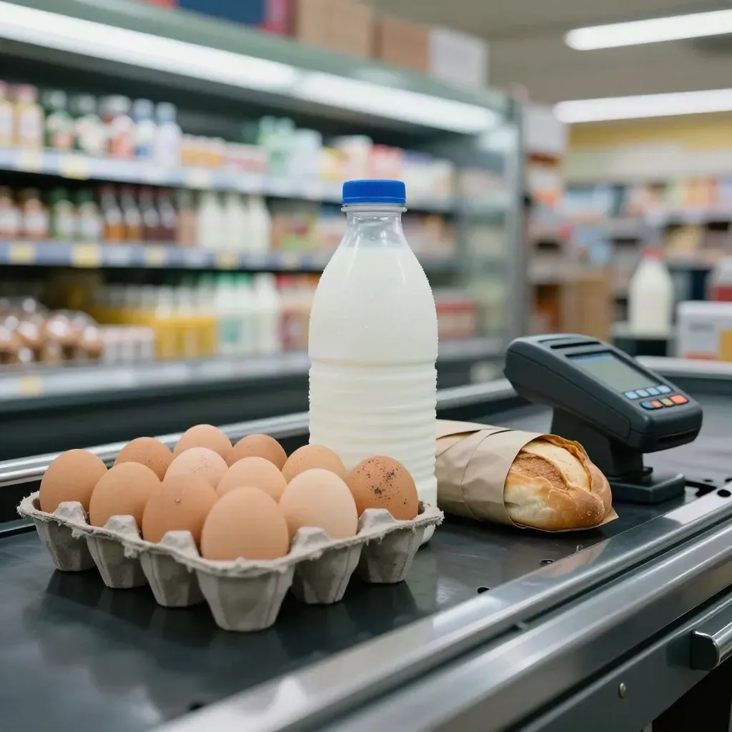 Grocery checkout lane with eggs, milk, bread, and a card reader on a black conveyor.