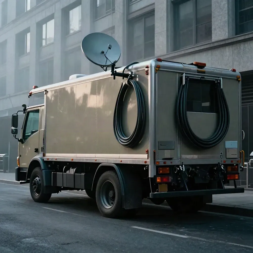 Broadcast truck with dish and cables behind a city building in mist, windows glowing.