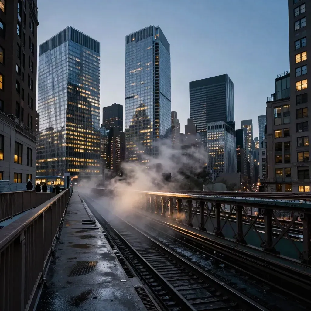 Steam rises over Lower Manhattan office towers at dusk from a bridge viewpoint.