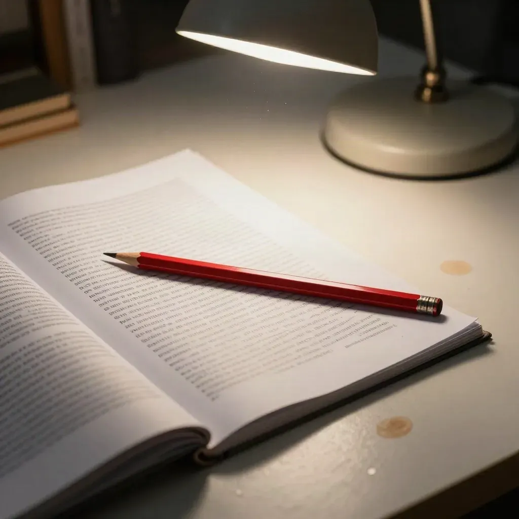 Red pencil, face-down proof pages, lamp halo, and coffee ring on an editorial desk